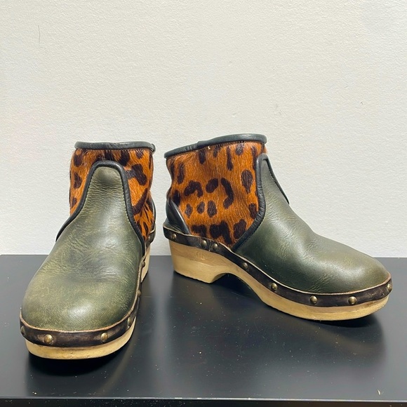 Rosa Mosa Leather Short Boots Clogs Vienna Leopard Green Studs Slip On 36 5.5 - Picture 1 of 13